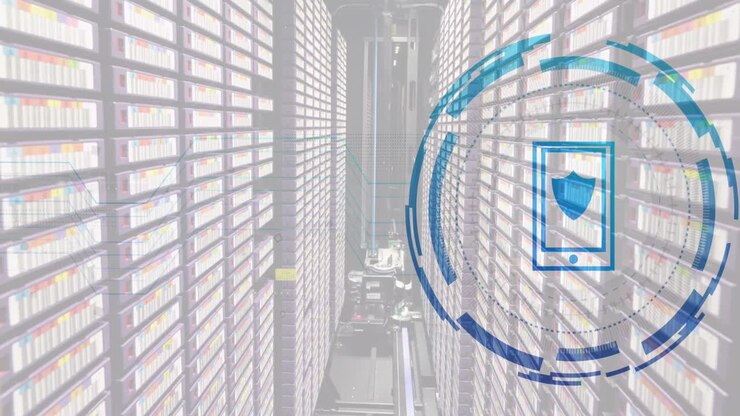 Animation of smartphone icon over data processing and server room