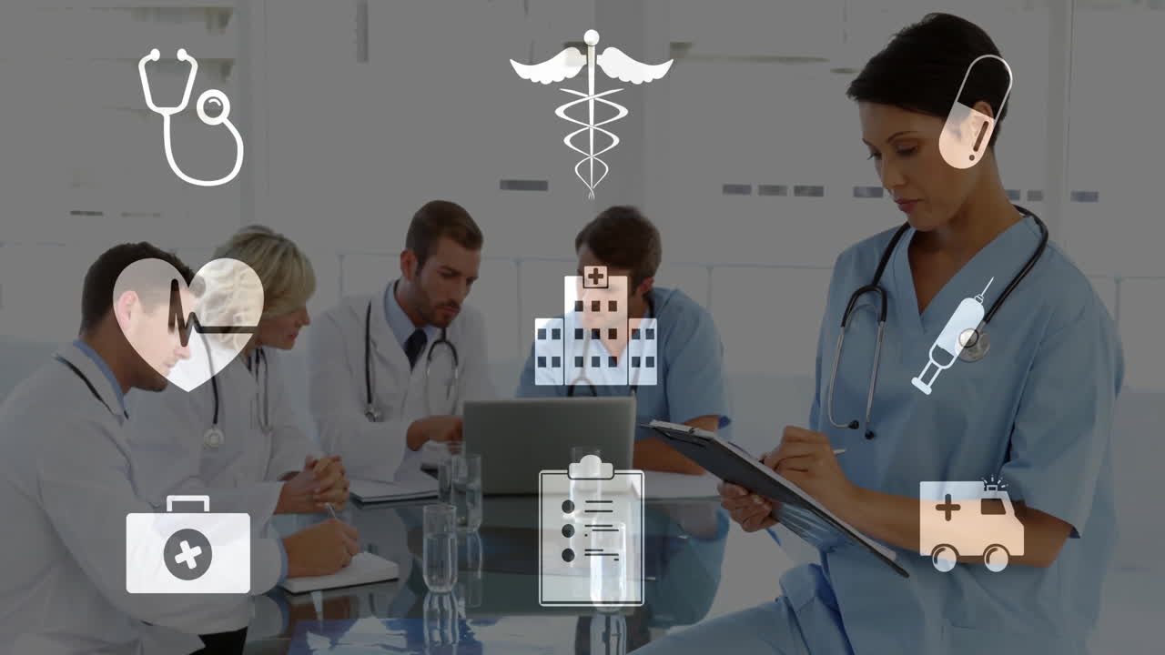 Medical icons animation over healthcare professionals discussing and taking notes