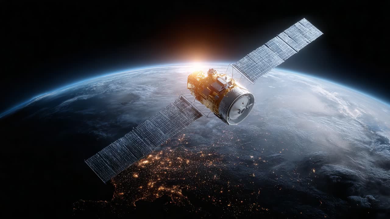 A Stunning Visual of a Satellite Orbiting Earth at Dawn, Showcasing the Beauty of Our Planet and the Technology Behind Space Exploration with Illuminated Cities Below