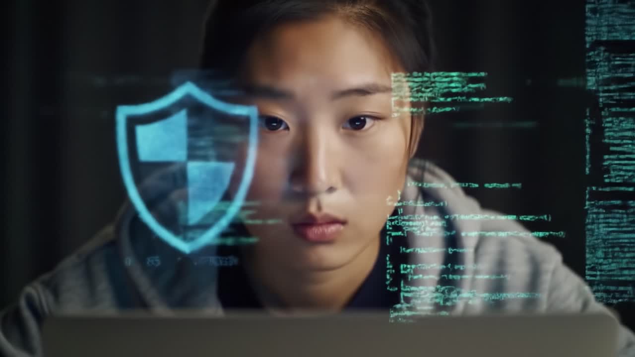 Focused on Cybersecurity: A Young Woman Engaged in Computer Work Surrounded by Digital Data and Security Icons, Highlighting Modern Challenges in Technology