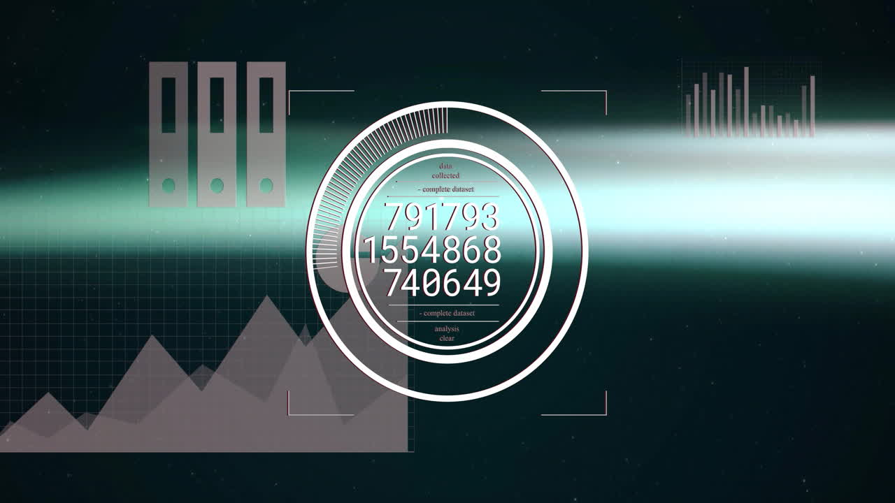 Central gauge glowing on dark HUD interface, showing floating binder icons and moving data charts