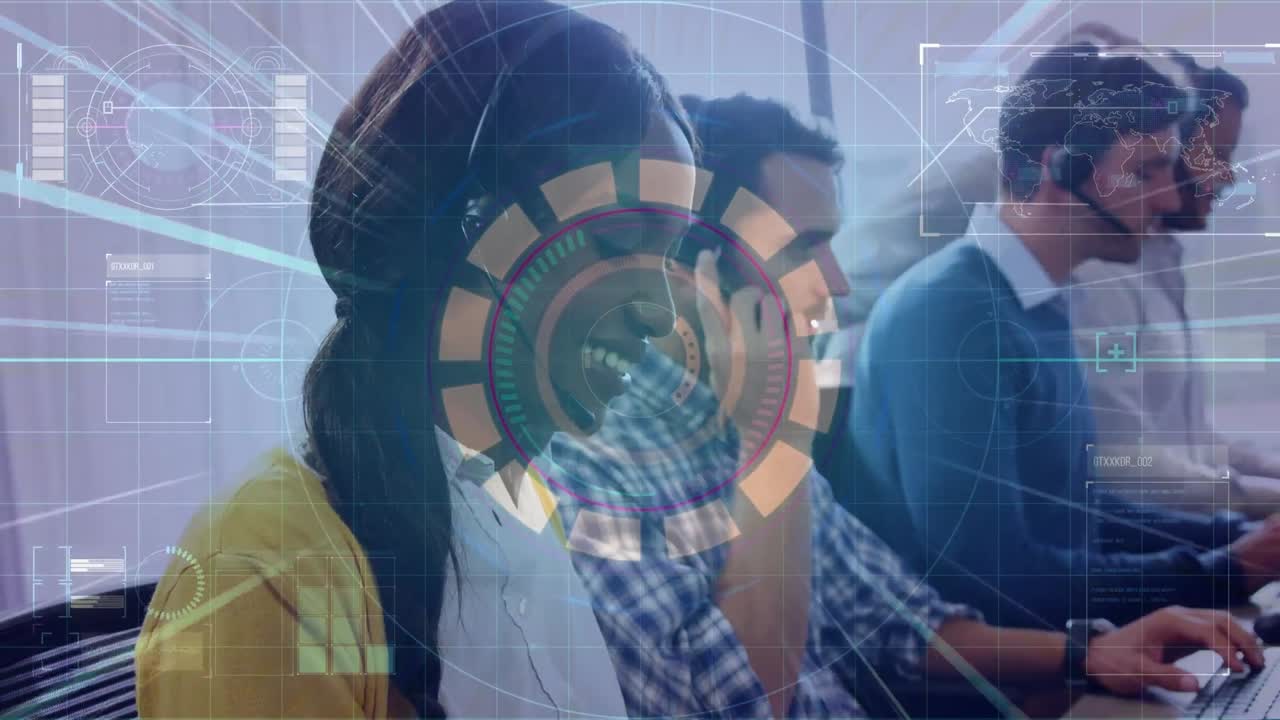 animación del procesamiento de datos sobre diversas personas de negocios que usan auriculares telefónicos