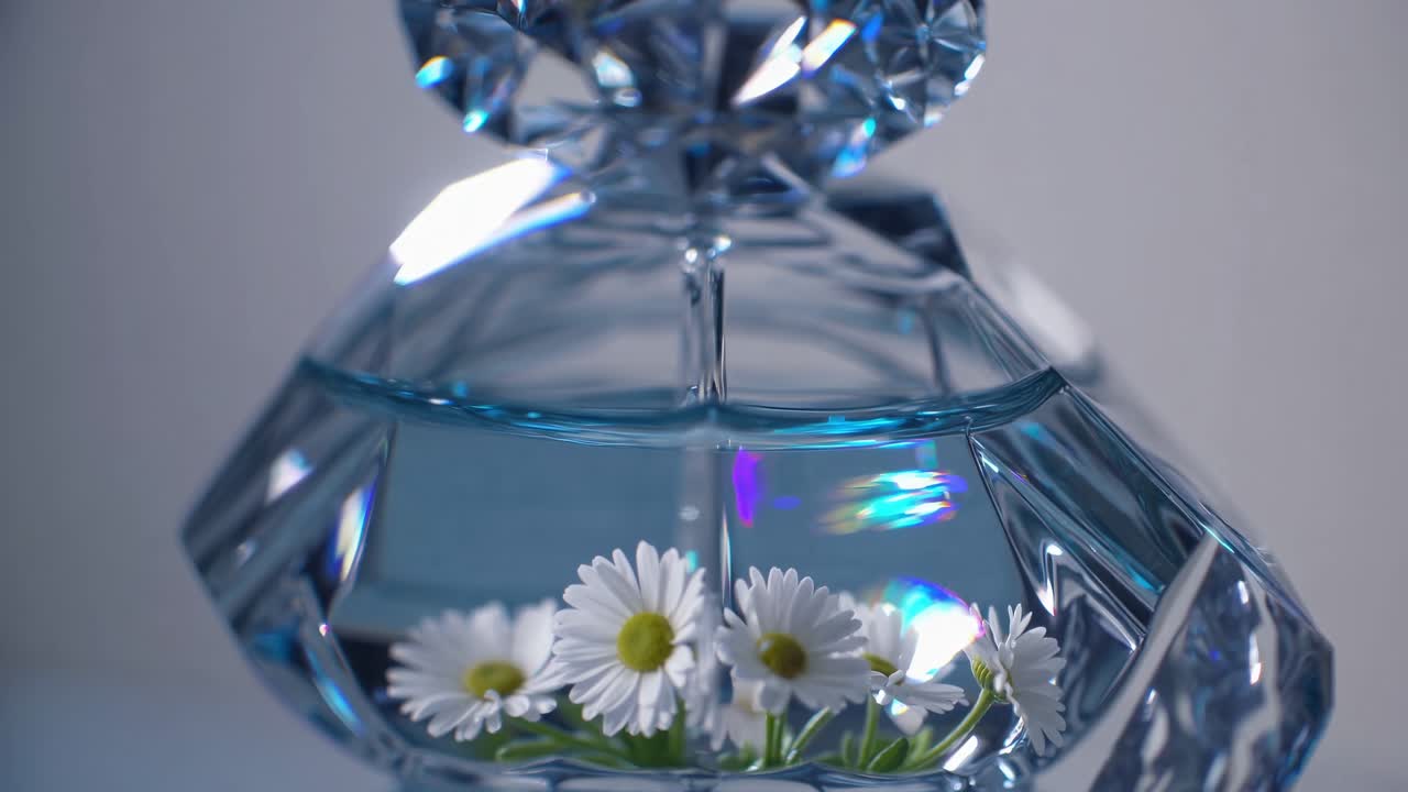 Close up of a crystal perfume bottle with daisies floating inside, light refracting through the liquid, creating a dreamy and ethereal atmosphere with a touch of elegance