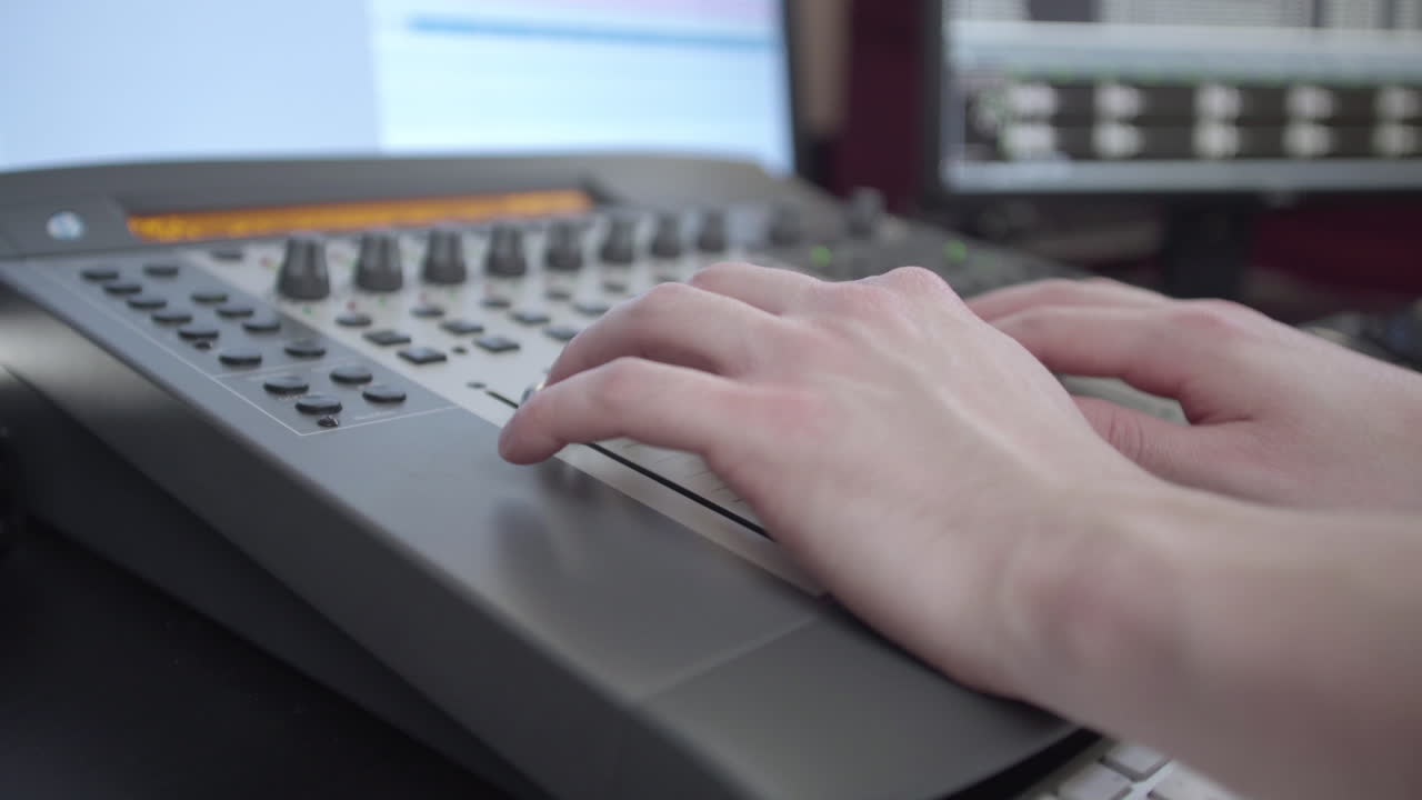 그가 믹스보드의 레벨을 조정할 때 사운드 믹서의 손을 천천히 밀어 넣습니다.