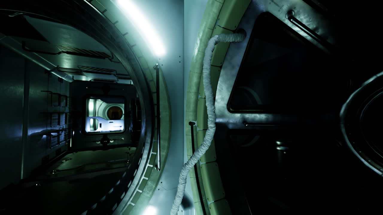 Exploring a futuristic corridor in a sci fi spacesuit environment