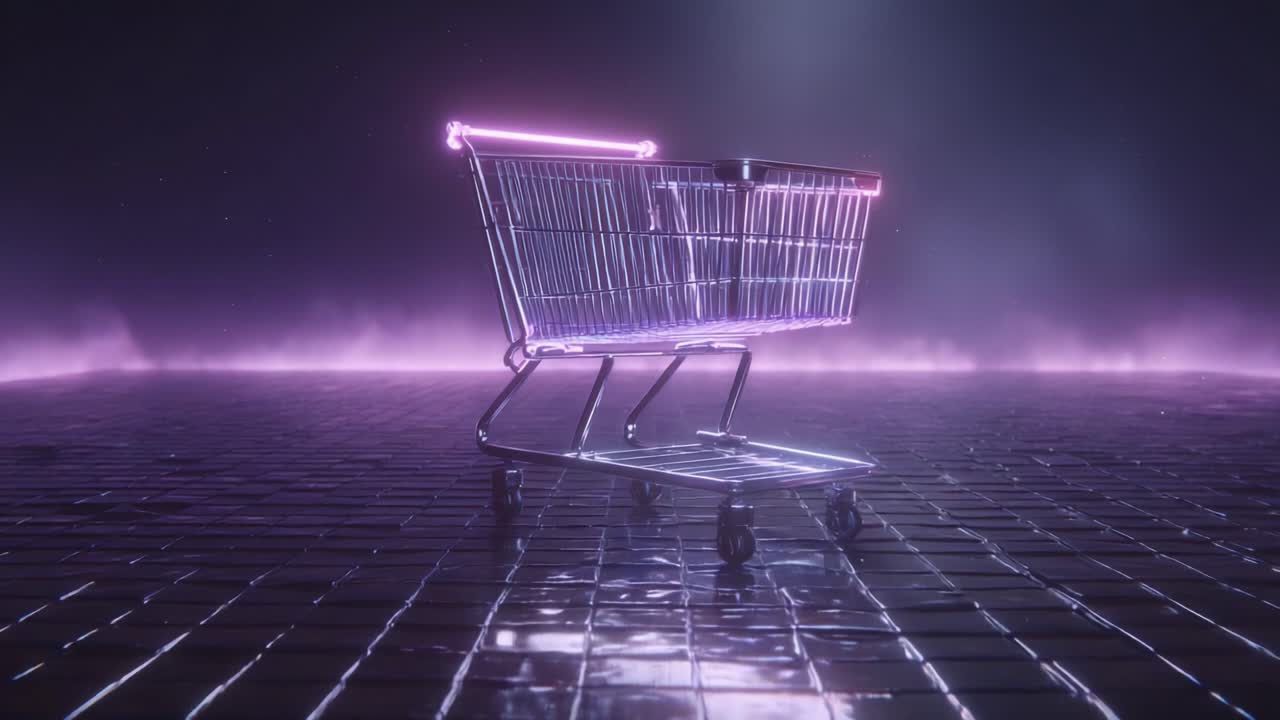 Shiny metal shopping cart with a glowing neon handle moving towards the camera on a reflective tiled floor, representing consumerism, online sales, and the digital marketplace of the future
