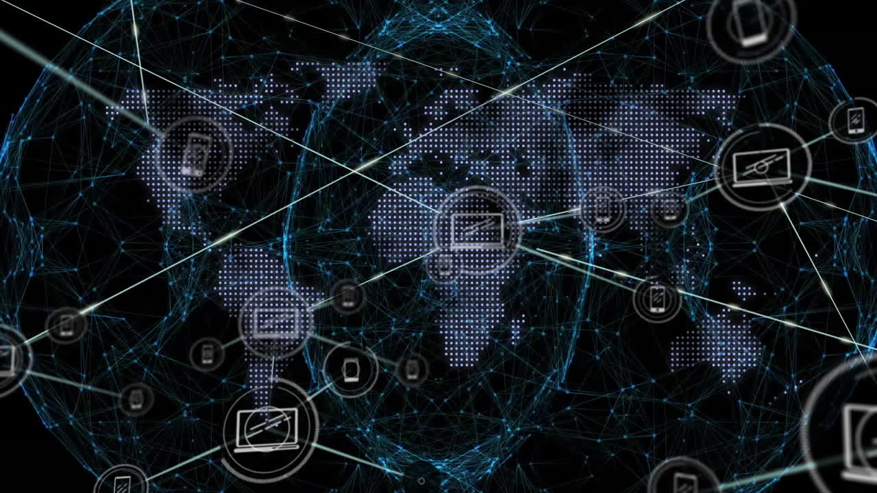 Animation of digital world map showing network connections and data processing icons