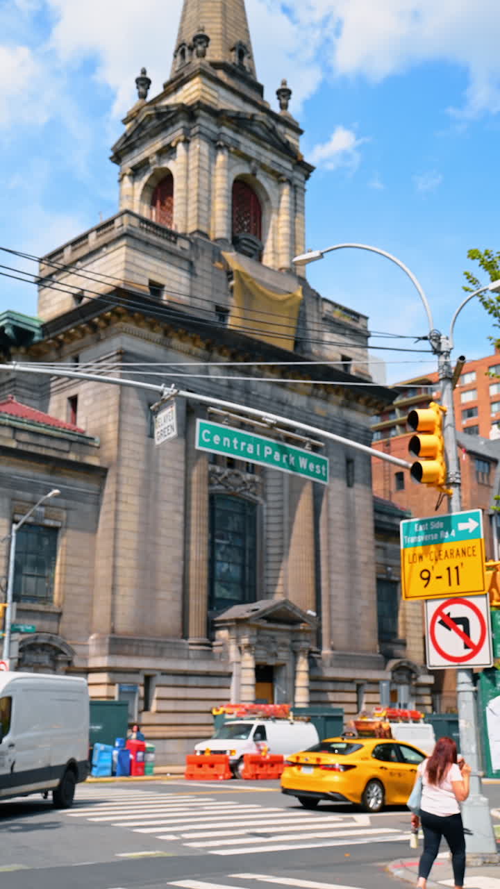 Old church with Central Park West sign in Manhattan