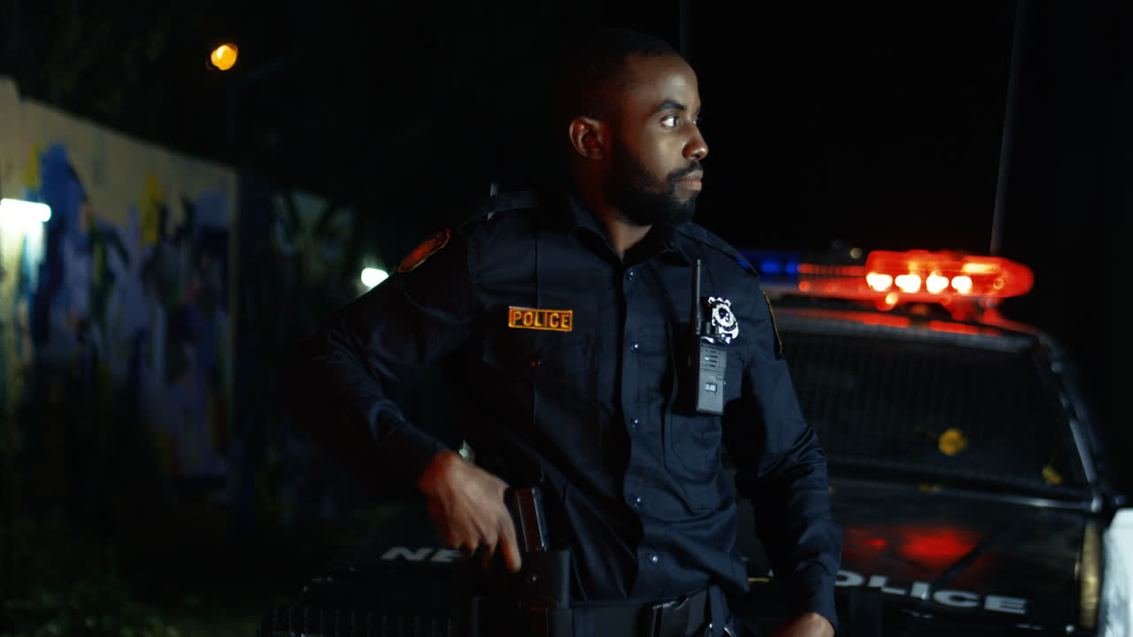 vista lateral de un joven policía apuntando con una pistola a alguien al aire libre por la noche