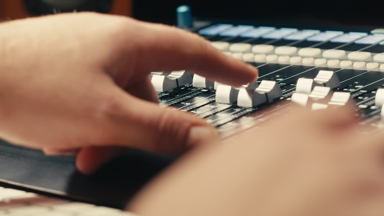 스튜디오에서 음악을 만드는 사운드 엔지니어, 라디오 방송 스튜디오에서 일하는 아시아 인기 dj 또는 녹음 스튜디오, 리허설, 오디오 프로덕션에서 일하는 음악 프로듀서.