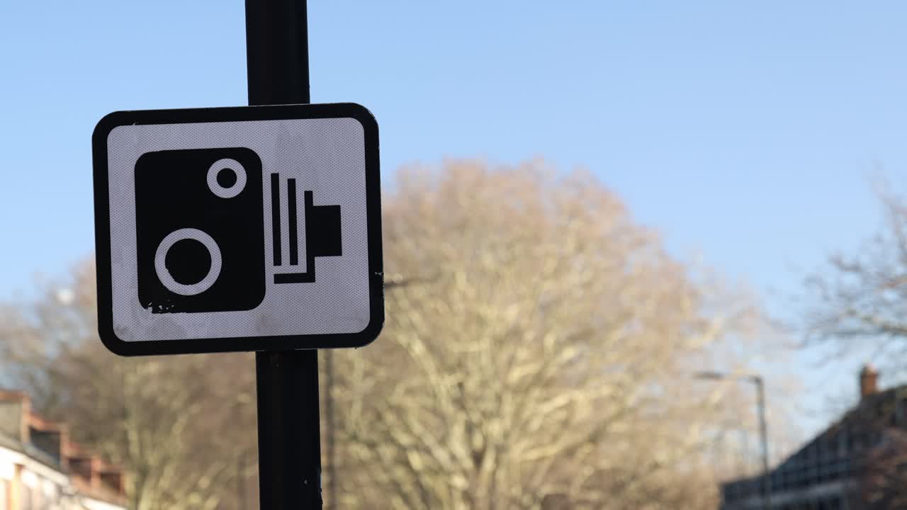 Traffic camera sign with blurred city background
