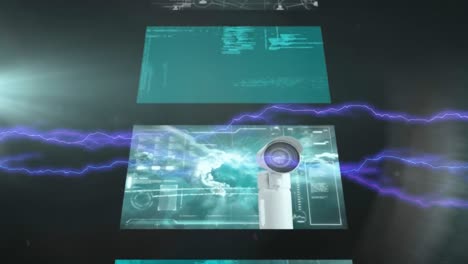 animation of cascading interface screens processing data, with purple electric current