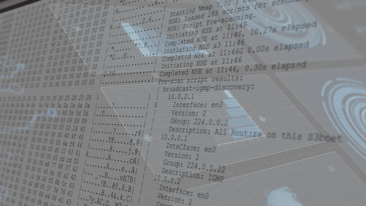 Displaying network scanning, computer screen processing diagnostic data in office