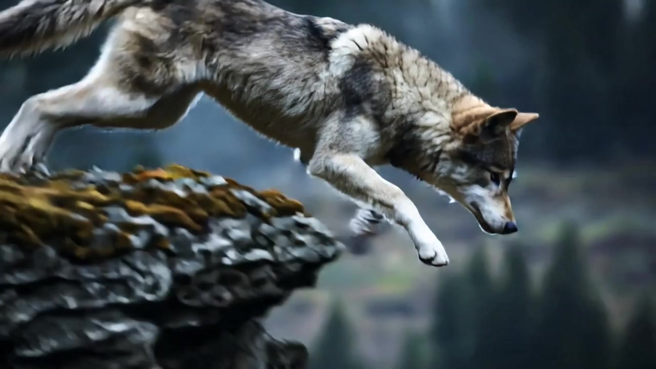 Scanning adult gray wolf crouching, leaping from mossy ledge, descending narrow gap toward valley