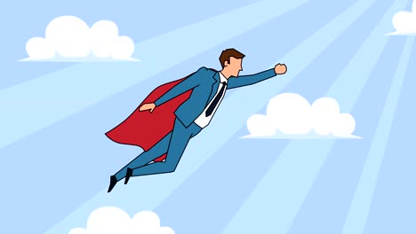 flat cartoon businessman character flying superhero with red cloak success concept animation