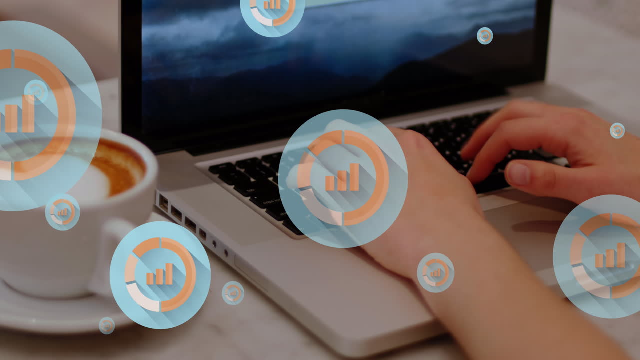 animación de iconos gráficos, taza de café y manos recortadas de una mujer caucásica trabajando en una computadora portátil