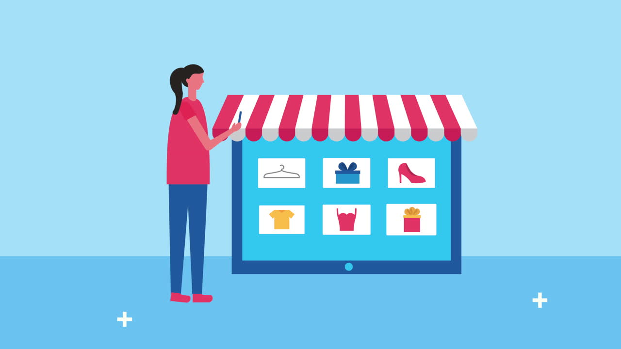 태블릿과 전자상거래 아이콘을 가진 젊은 여성