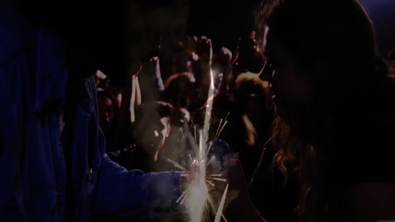 man handing bag of powder to woman in nightclub, showing floating health chart and heart icon