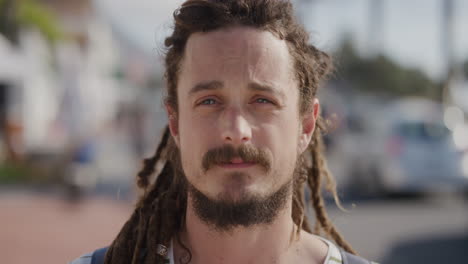 retrato cercano de un hombre guapo con rastas mirando seriamente a la cámara en una calle urbana soleada