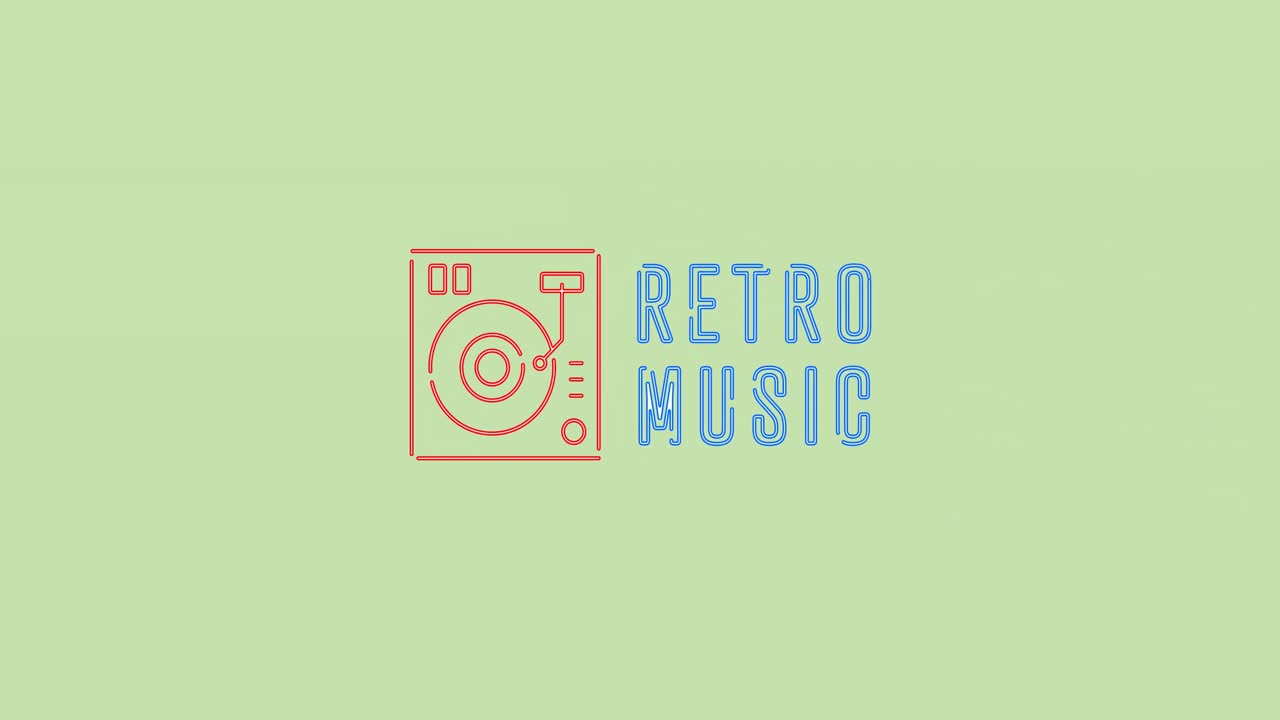 밝은 녹색 배경에 파티 시간과 레트로 라디오의 애니메이션