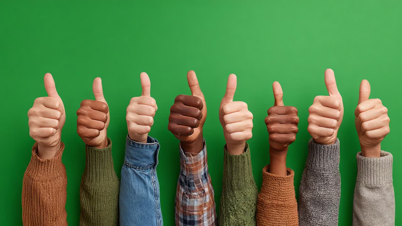 Un grupo diverso de manos muestra pulgares arriba con entusiasmo sobre un fondo verde vibrante, celebrando la unidad y la positividad en la unión.