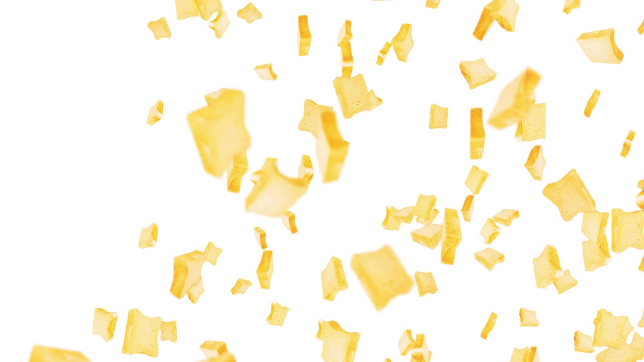 색 배경에 많은 평평한  조각을 날아. 식품, 음식 및 먹는 개념. 밀  조편의 3d 애니메이션 회전. 루프 애니메이션.