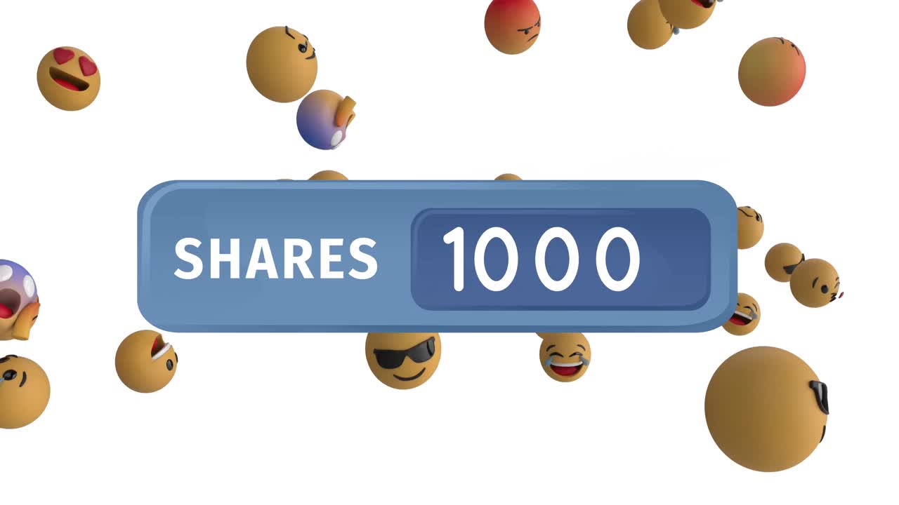 Animation of numbers changing and shares text in blue banner with emojis on white background