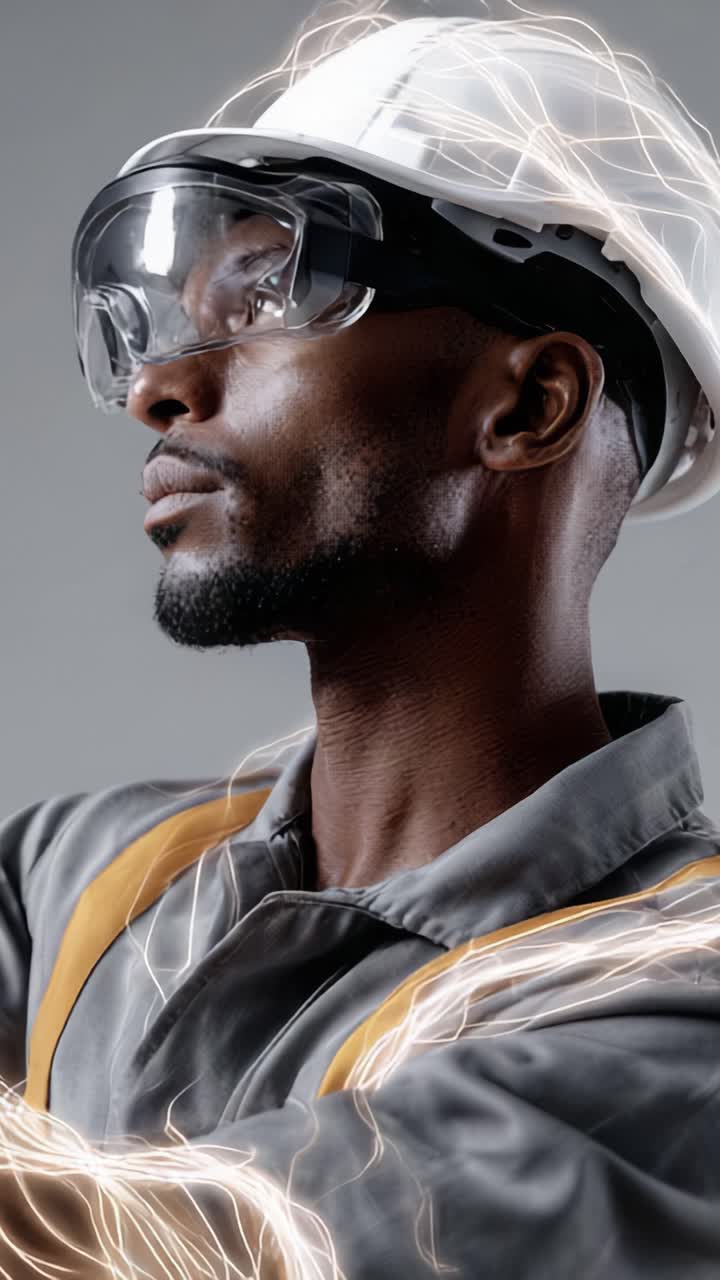 A Professional Worker Wearing Safety Gear with Electric Sparks Illustrating Energy and Focus in an Industrial Setting