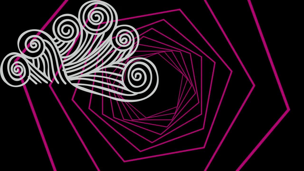 Animation von Wellen und rosa linearen Sechsecken, die sich auf schwarzem Hintergrund drehen
