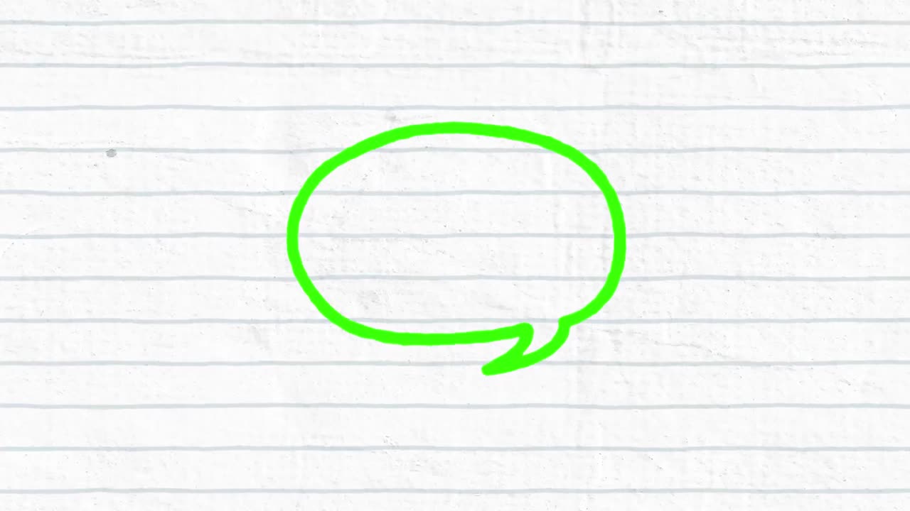 Animation of green speech bubble chat message hand drawn with a marker on white lined paper