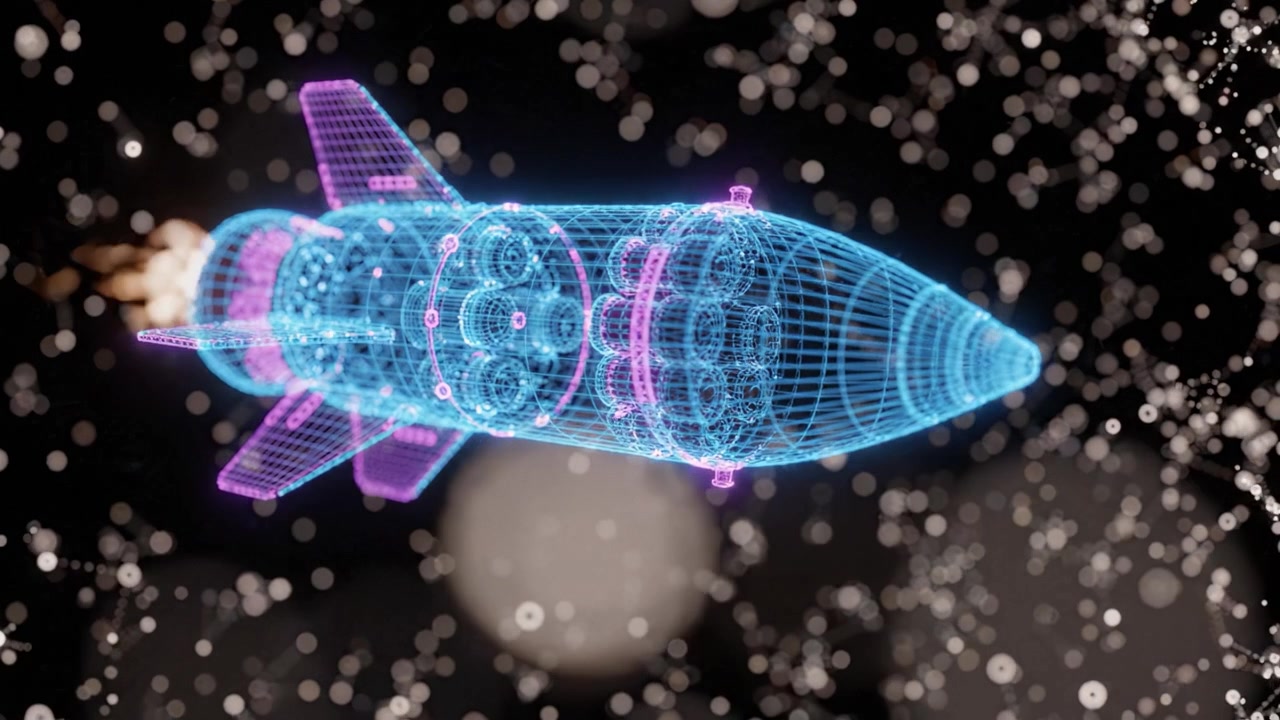 A Stunning Visual of a 3D Wireframe Rocket Jetting Through Space with Thrusters Ignited, Surrounded by a Dark Cosmic Background of Stars and Particles.