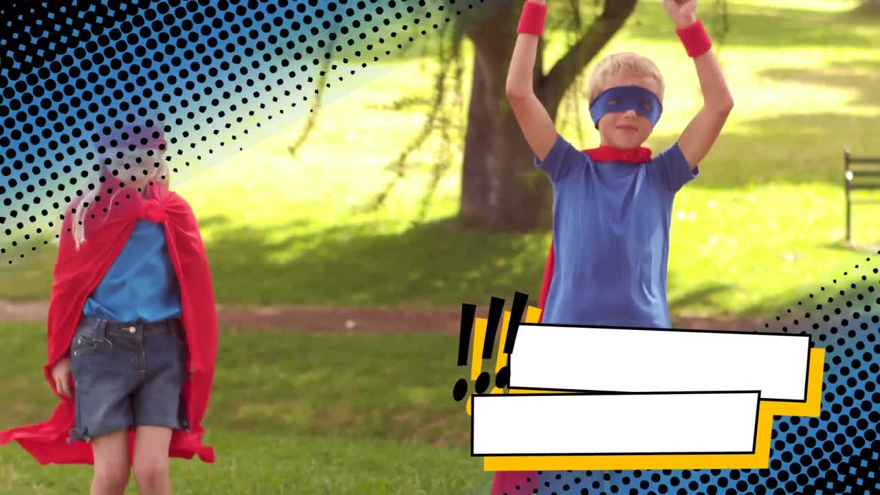 공원에서 슈퍼히어로를 연기하는 소년과 소녀