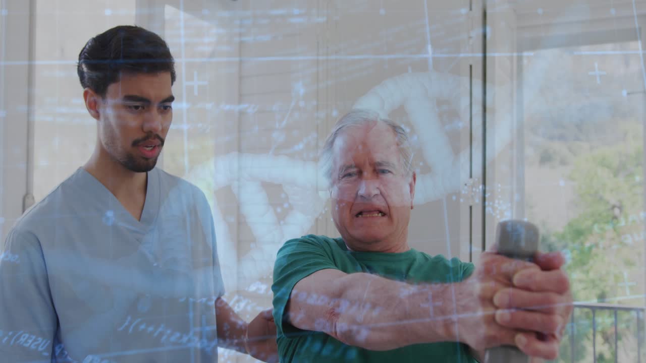therapist guiding patient arm extension with holographic DNA helix showing rehabilitation progress