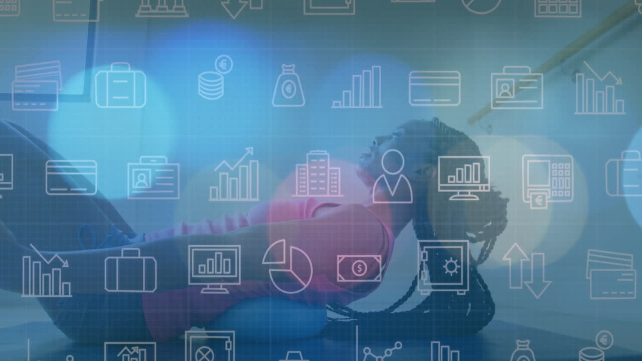 animación de iconos y procesamiento de datos sobre mujer afroamericana haciendo ejercicio