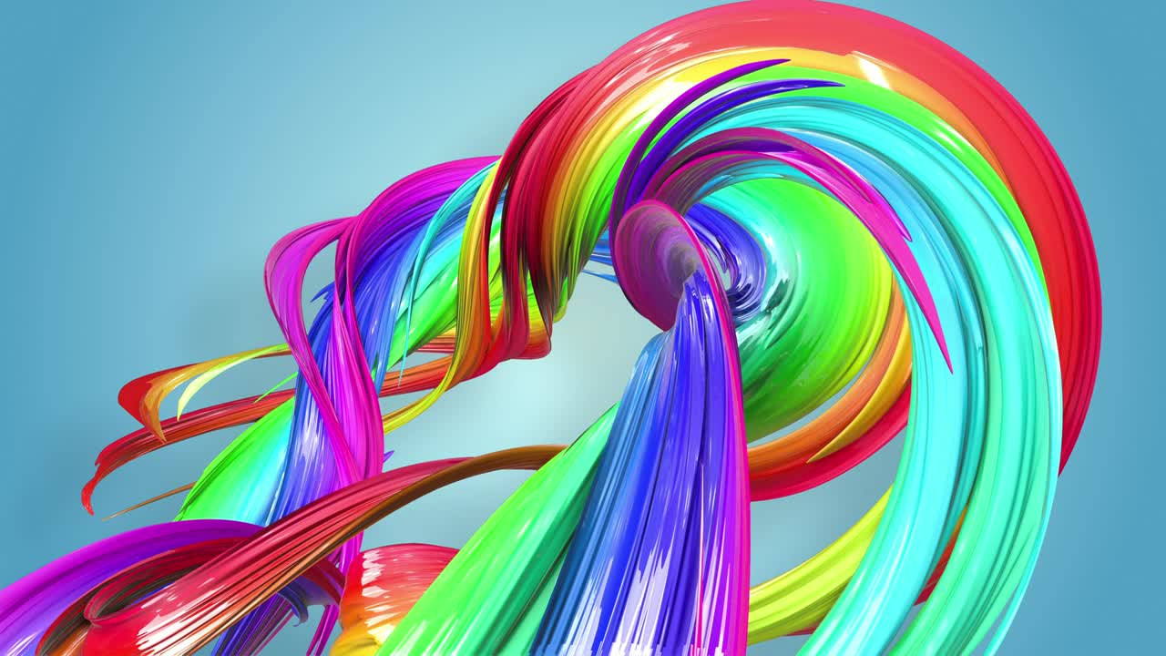 다채로운 리본과 함께 추상적인 무결한 배경. 무지개 줄무는 원으로 움직이고 휘어집니다.