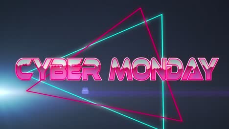 Animación-Del-Texto-Del-Cyber-Monday-En-Letras-Rosas-Metálicas-Sobre-Triángulos-De-Neón.