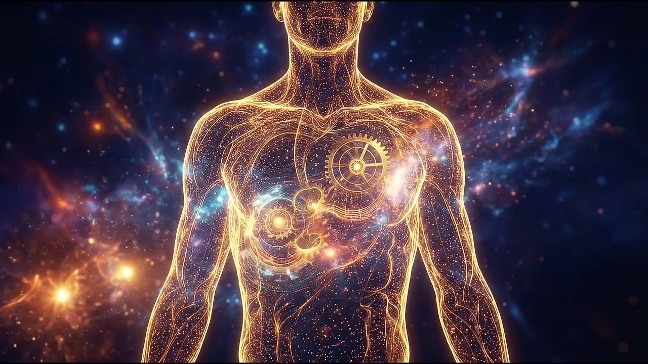 Human figure with golden internal gears and glowing network lines symbolizing mechanical heart and energy