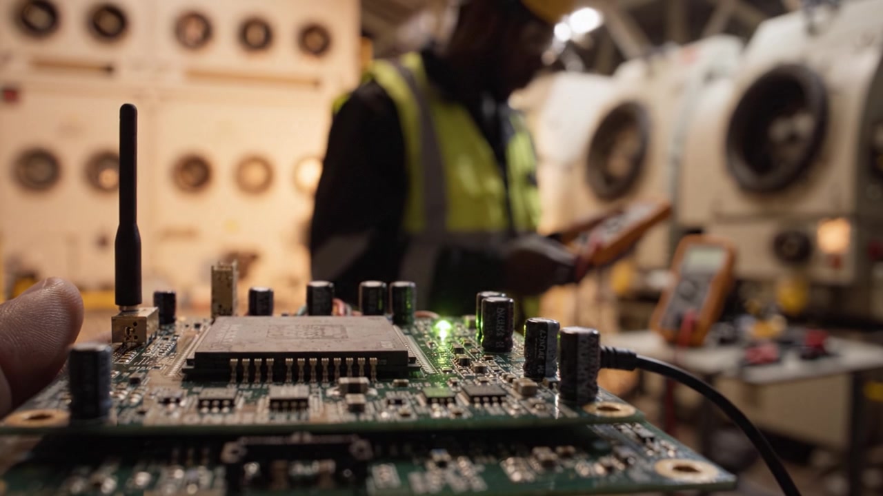 Detailed Analysis of a Circuit Board in a Technical Workshop Environment with a Technician Managing Equipment and Tools for Electronic Repair