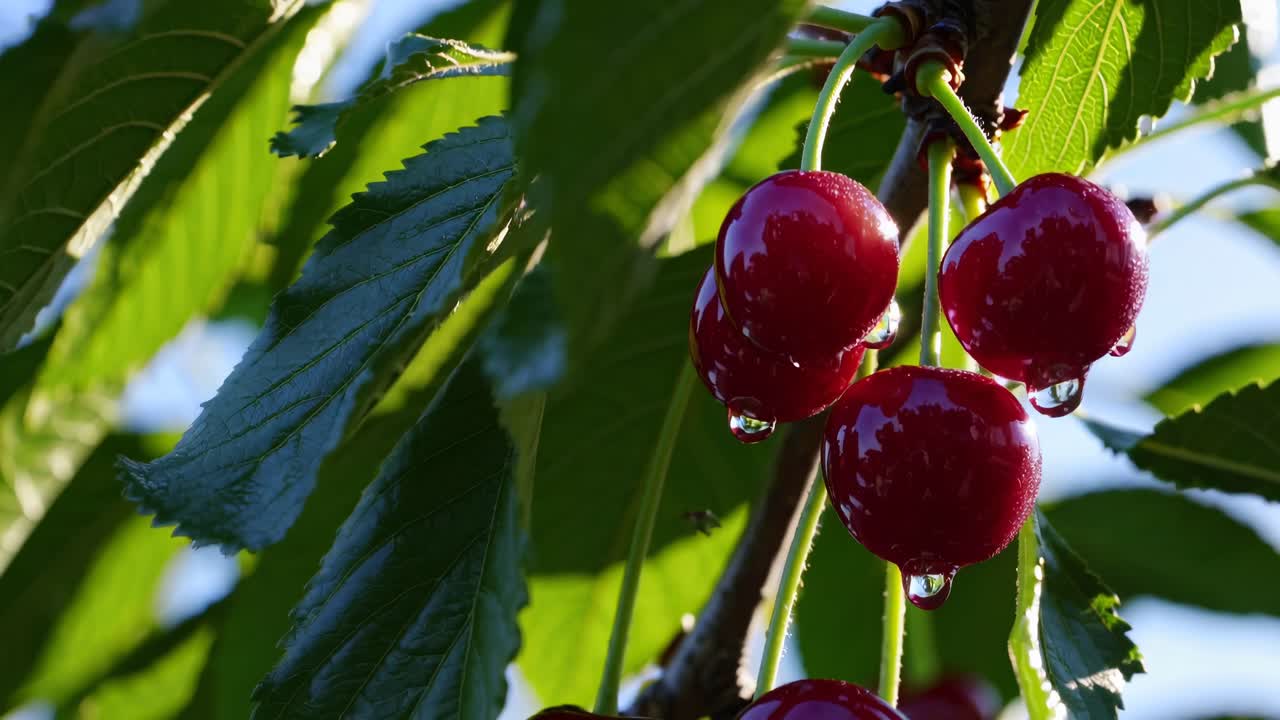 Close-up video of ripe cherries on a tree, with sunlight filtering through leaves