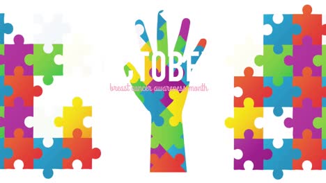 Animation of breast cancer awareness month text over puzzle