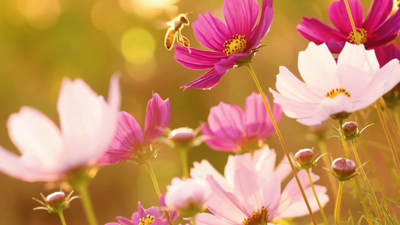 Video ravvicinato di fiori vivaci con un'ape, ripreso da una bassa angolazione nella calda luce del sole, Live