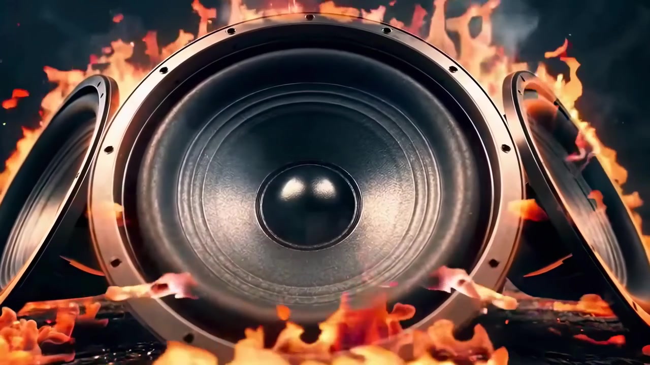 Potenti subwoofer circondati da fuoco e fumo