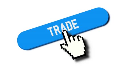 pixel hand cursor choosing trade text button on isolated background