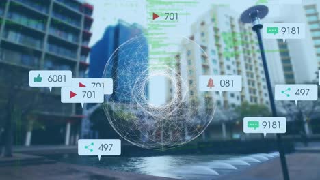 Animation-Von-Scope-Scans-Und-Social-Media-Symbolen-über-Dem-Stadtbild