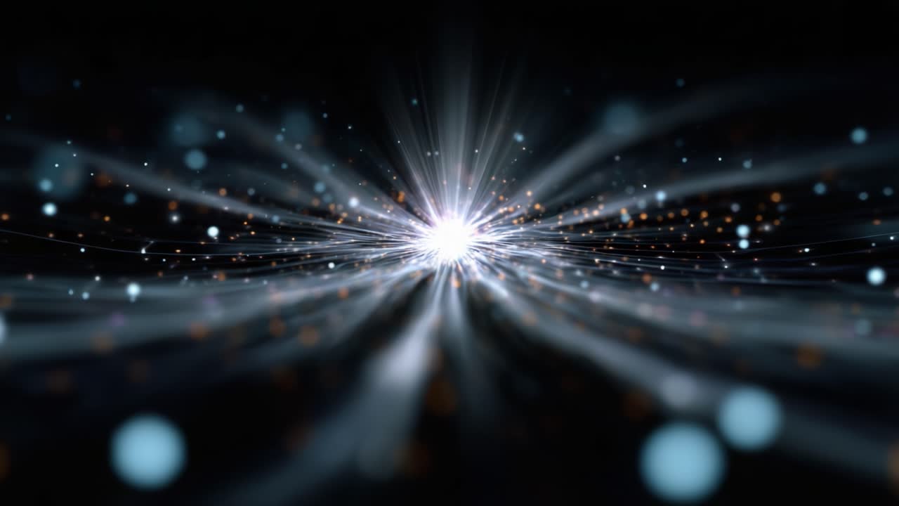 Strålende kosmisk eksplosion med lysende partikler og livlige stråler, der udgår fra et centralt punkt, hvilket skaber en fascinerende visuel repræsentation af energi og bevægelse