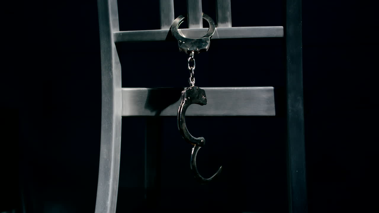 tiro de seguimiento medio en cámara lenta de un par de esposas colgando del respaldo de una silla