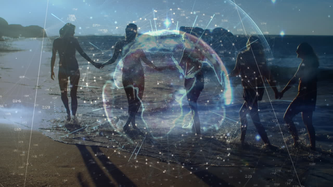 animación de una red global brillante sobre amigas tomadas de la mano caminando por la playa de verano