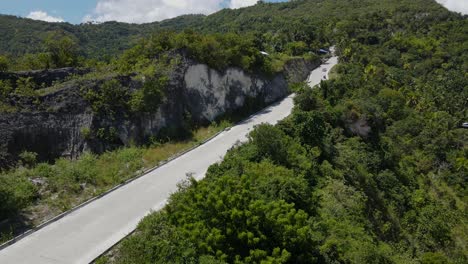 a motorcycle riding on a rural road in cebu island, lush greenery on sides, aerial view