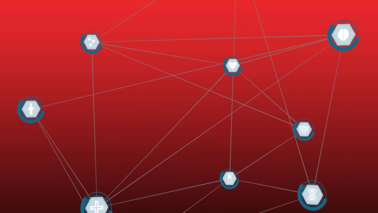 animación de una red de iconos digitales contra un fondo de gradiente rojo