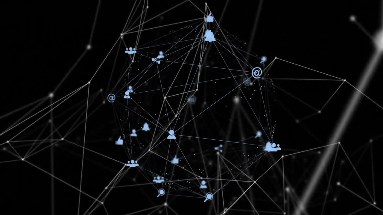 animación de la red de conexiones con iconos en fondo negro